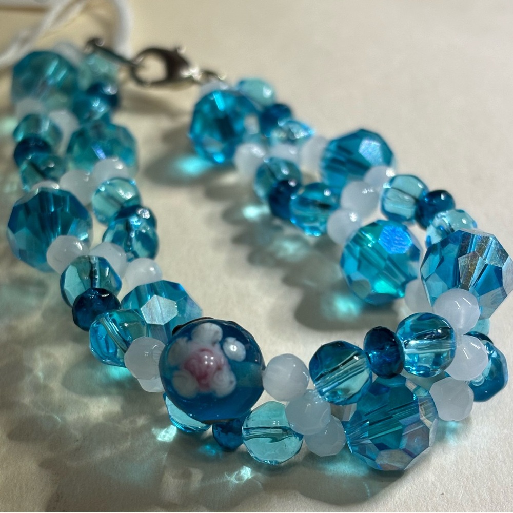 Blue czech crystal and lampwork beaded bracelet 7 inches
